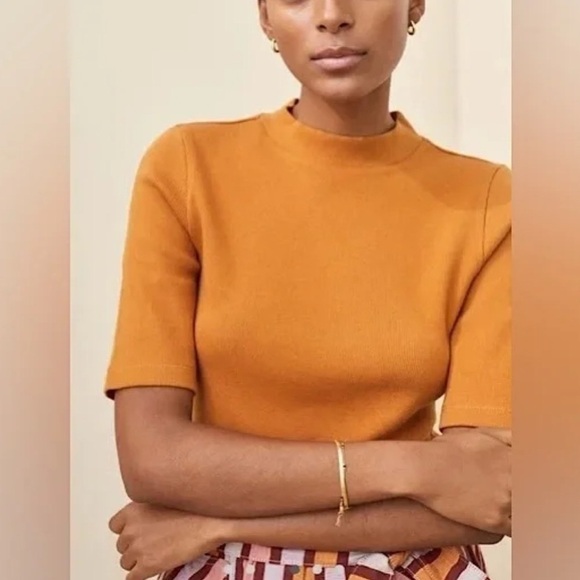 Maeve Ribbed Mock Neck Half Sleeve Knit Top Honey - Picture 2 of 12